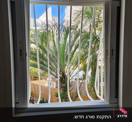 חלון עם סורגים לבנים ונוף של עצים בחוץ